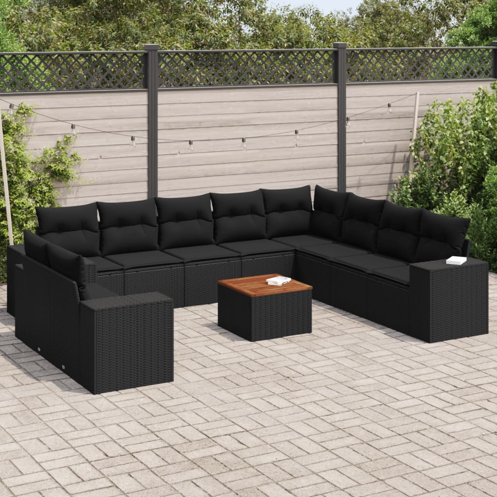 11 Piece Garden Sofa Set with Cushions Black Poly Rattan