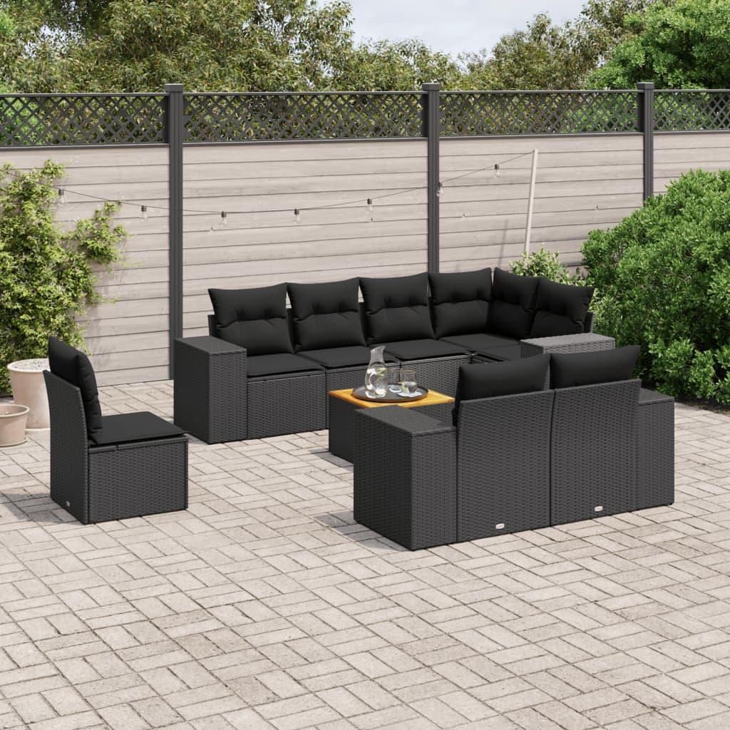 9 Piece Garden Sofa Set with Cushions Black Poly Rattan