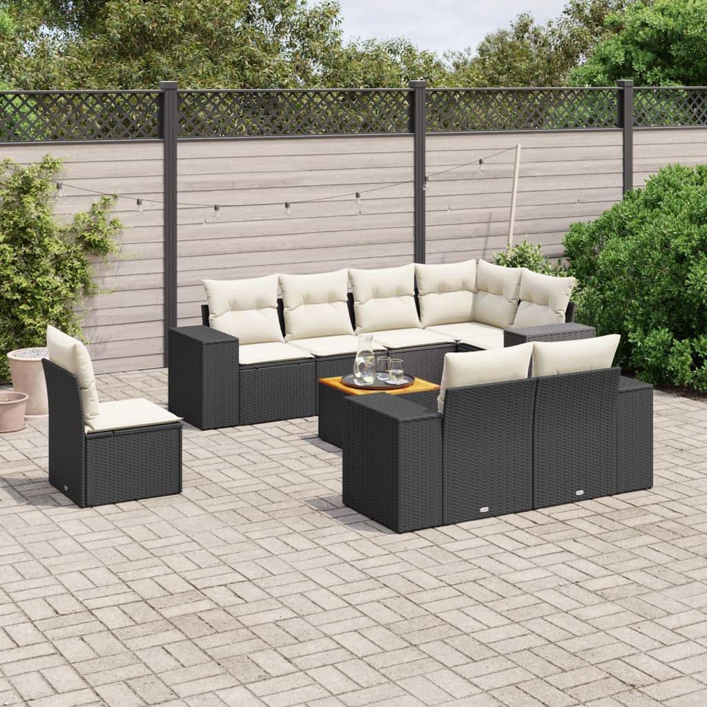 9 Piece Garden Sofa Set with Cushions Black Poly Rattan