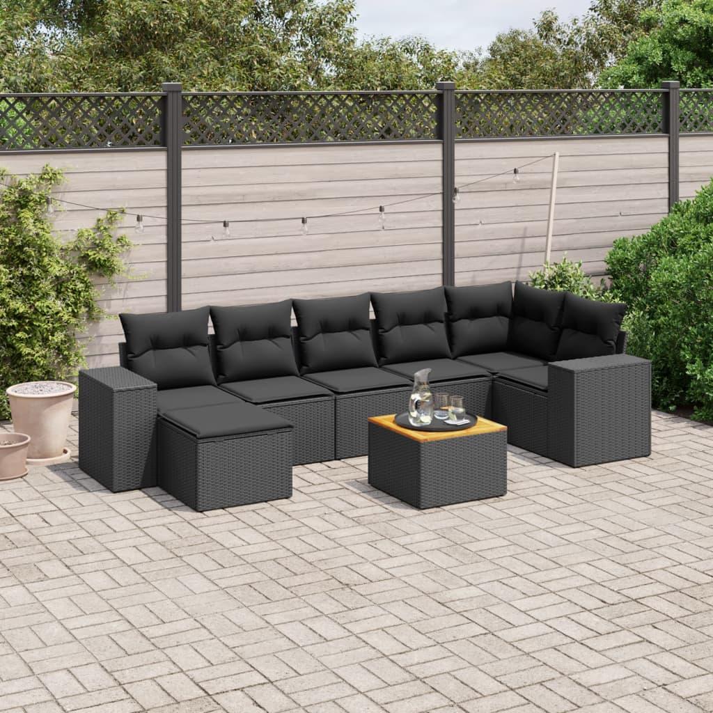 8 Piece Garden Sofa Set with Cushions Black Poly Rattan