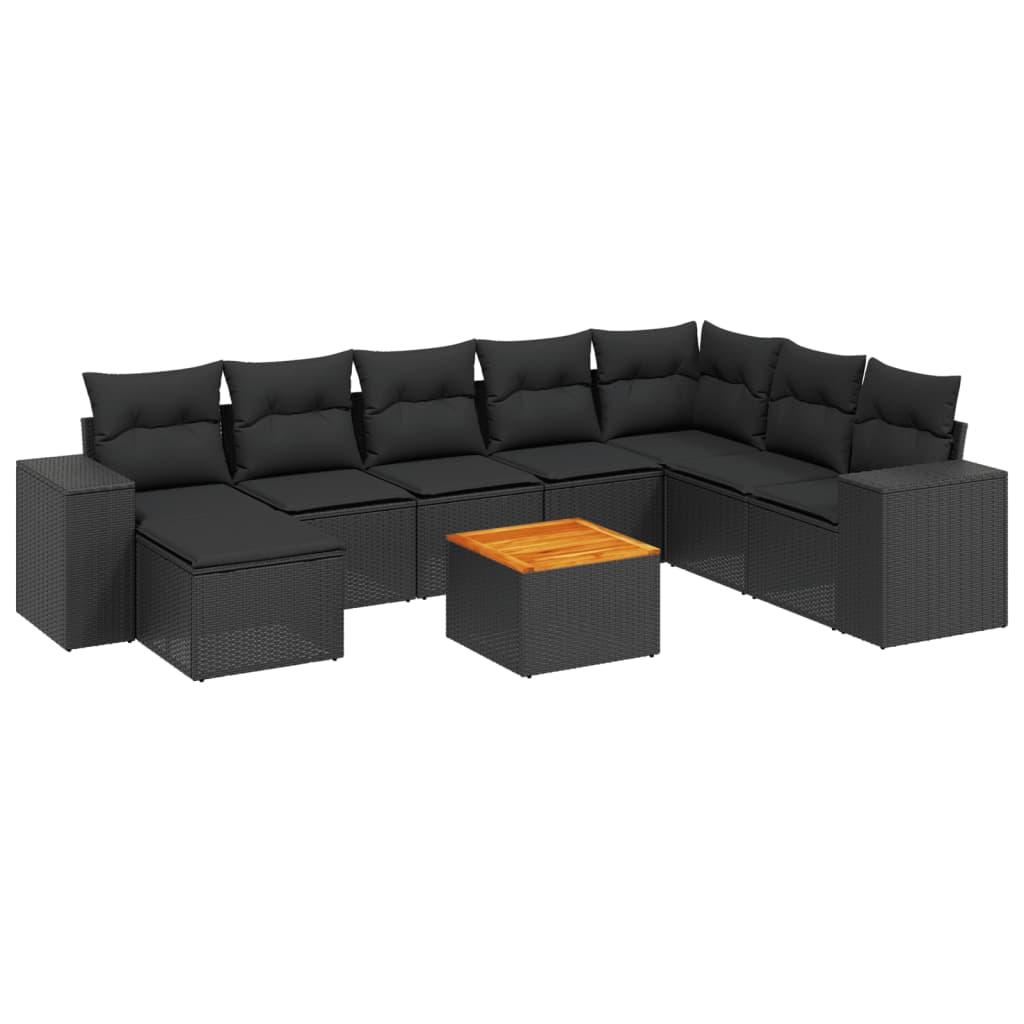 9 Piece Garden Sofa Set with Cushions Black Poly Rattan