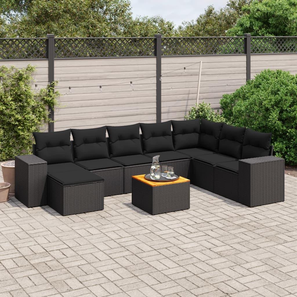 9 Piece Garden Sofa Set with Cushions Black Poly Rattan