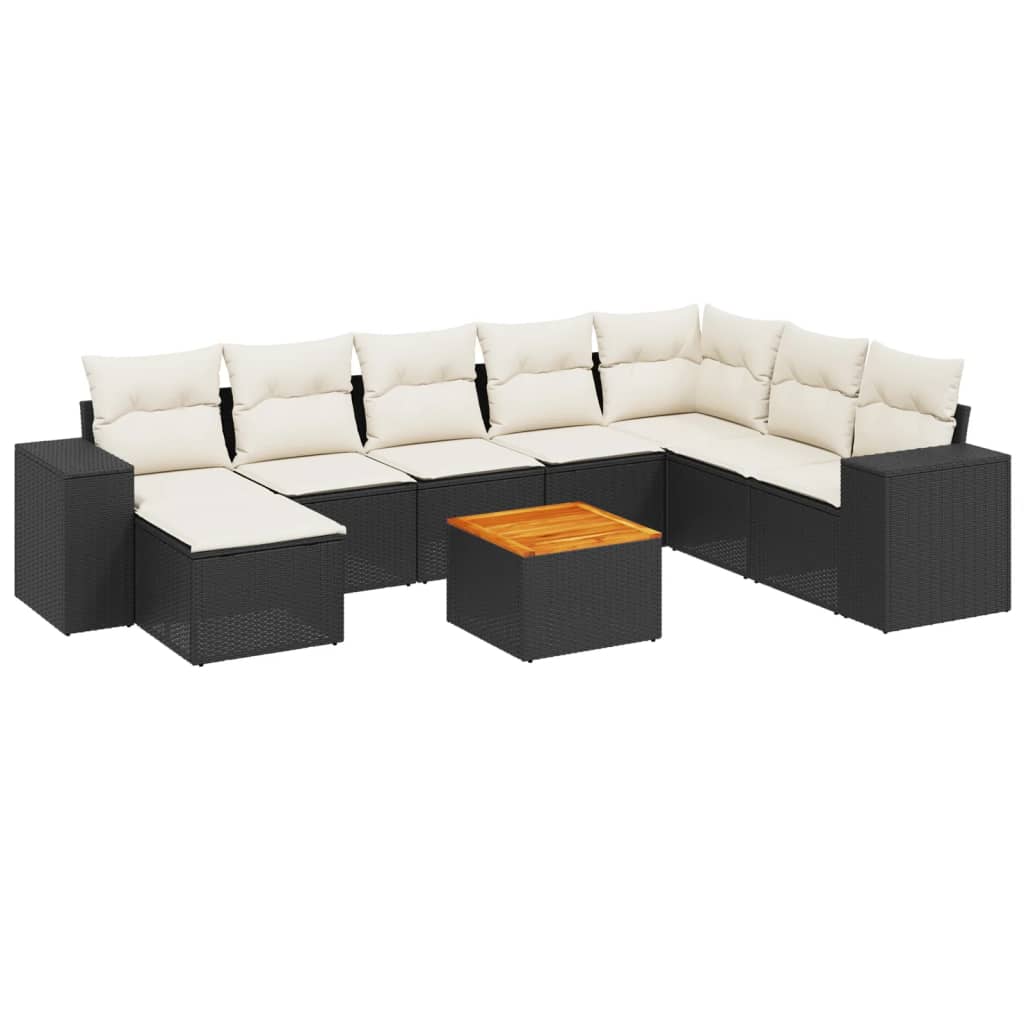 9 Piece Garden Sofa Set with Cushions Black Poly Rattan