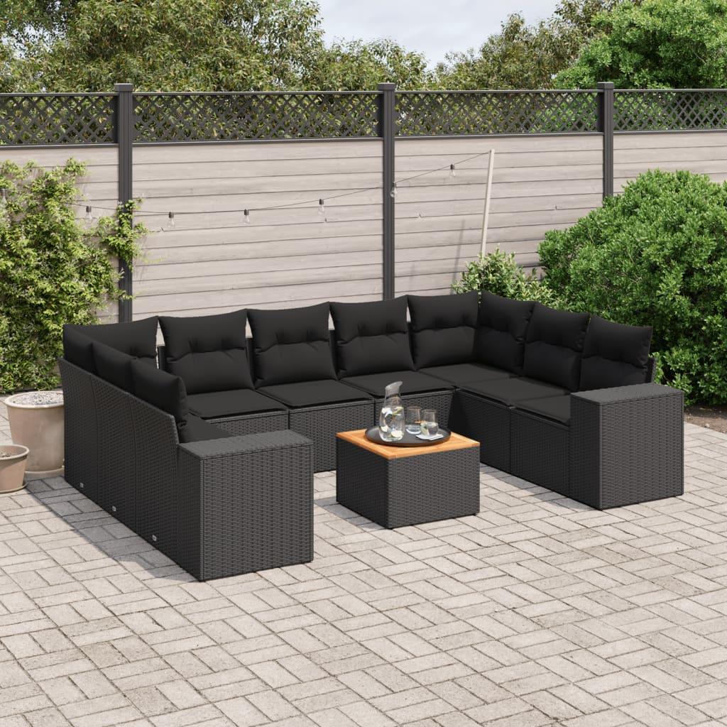 10 Piece Garden Sofa Set with Cushions Black Poly Rattan