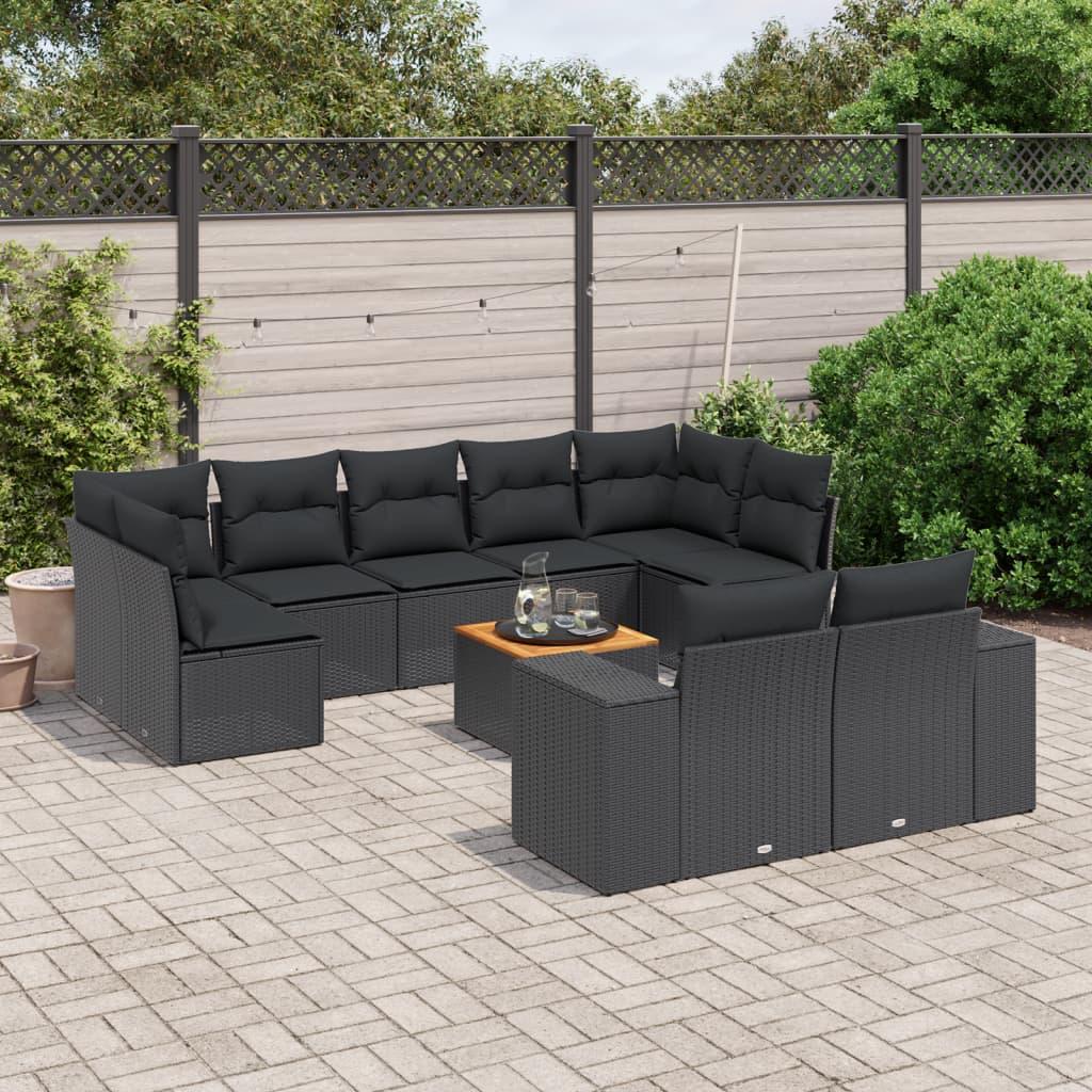 10 Piece Garden Sofa Set with Cushions Black Poly Rattan