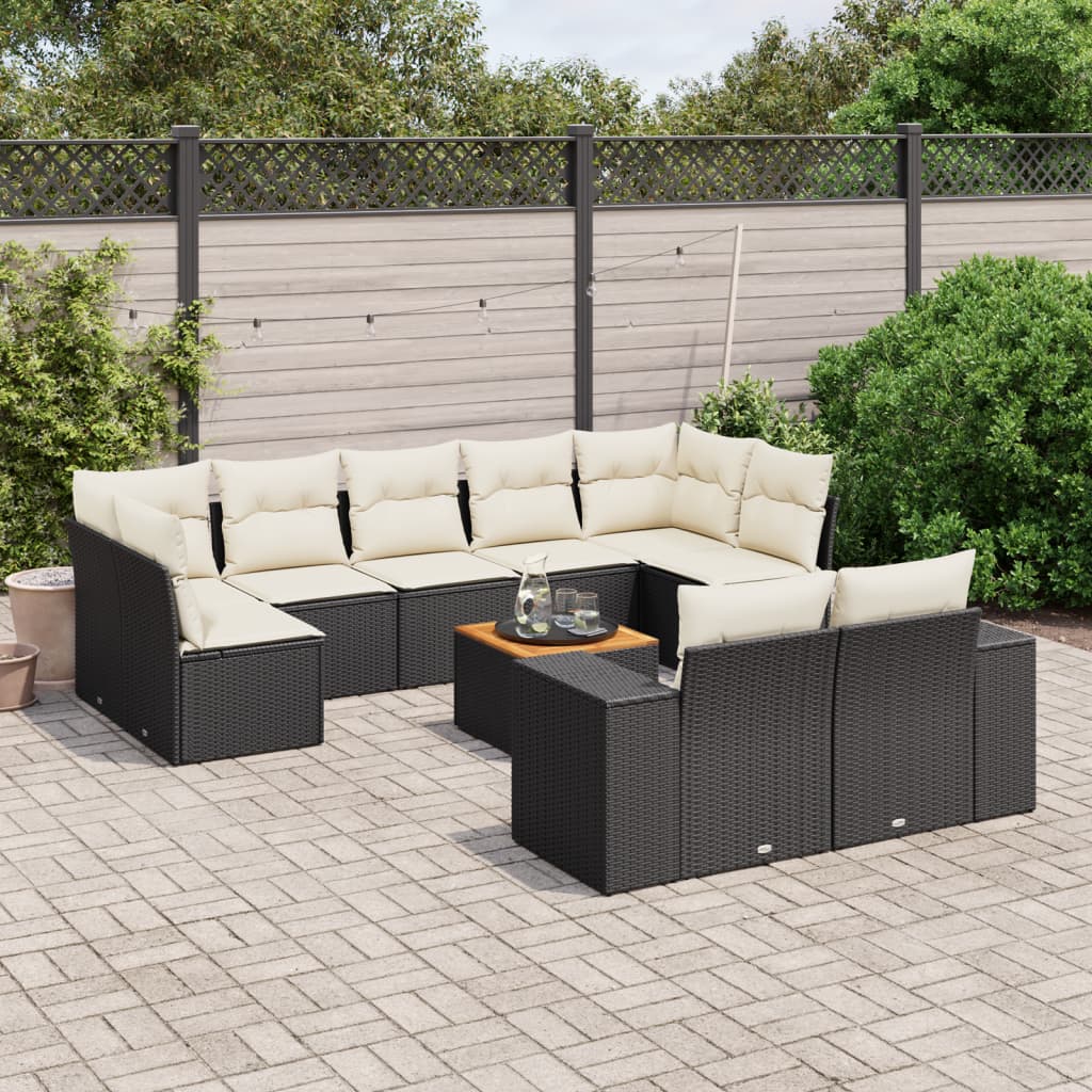 10 Piece Garden Sofa Set with Cushions Black Poly Rattan