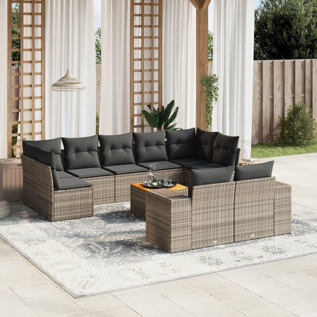 10 Piece Garden Sofa Set with Cushions Grey Poly Rattan