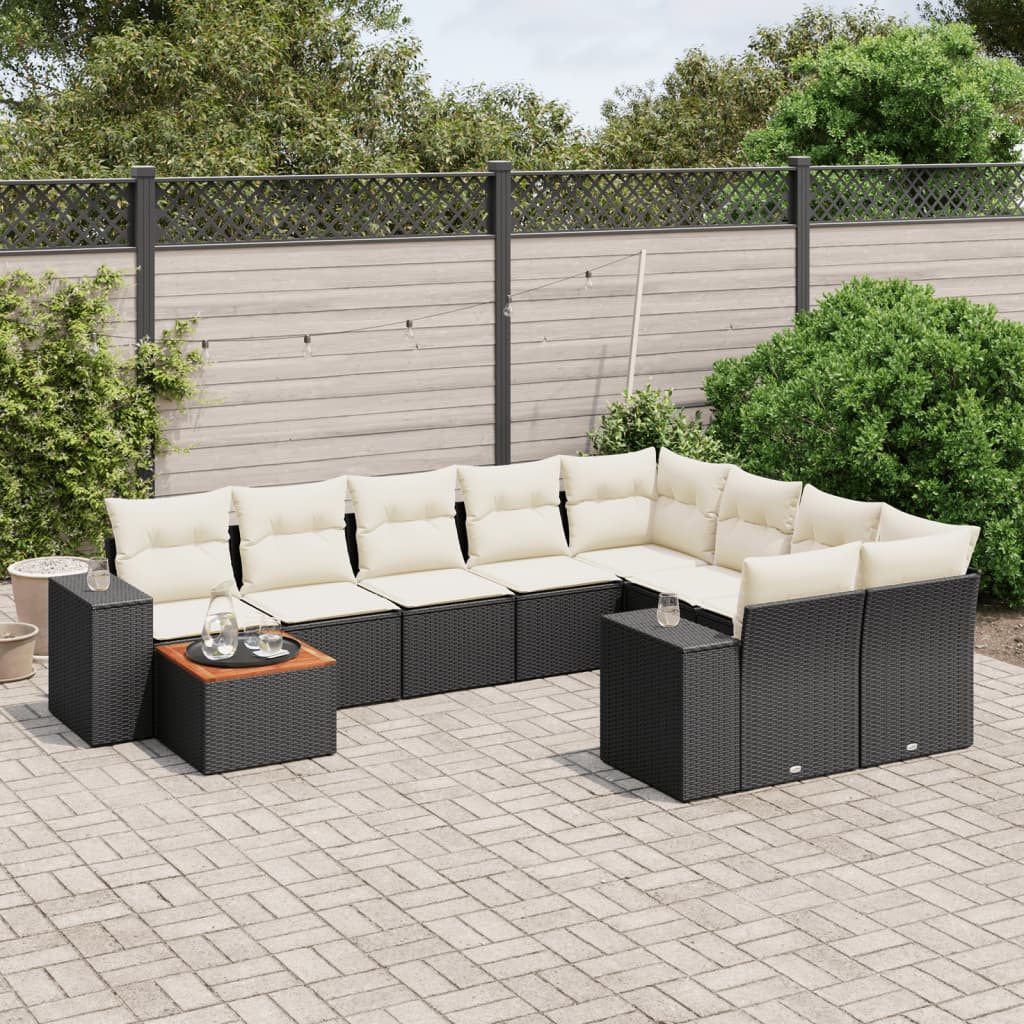 10 Piece Garden Sofa Set with Cushions Black Poly Rattan