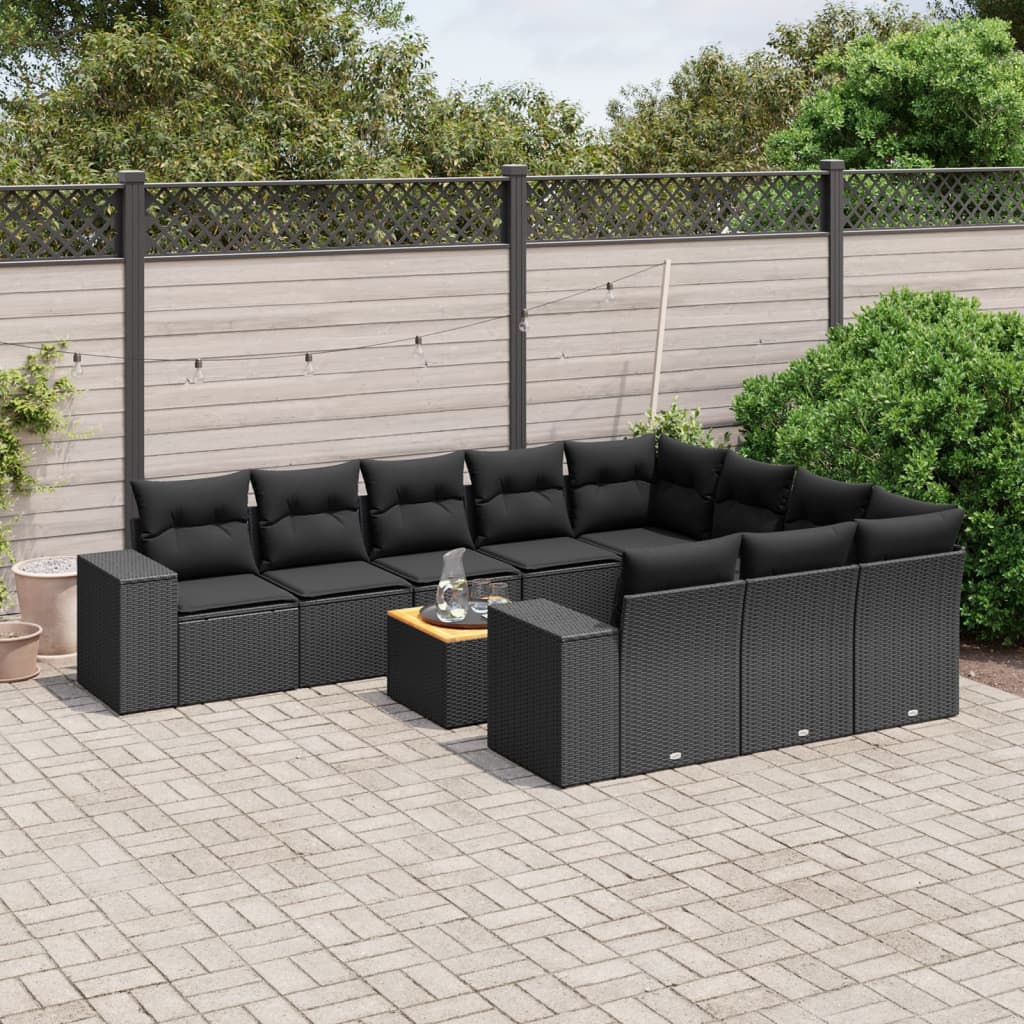 11 Piece Garden Sofa Set with Cushions Black Poly Rattan