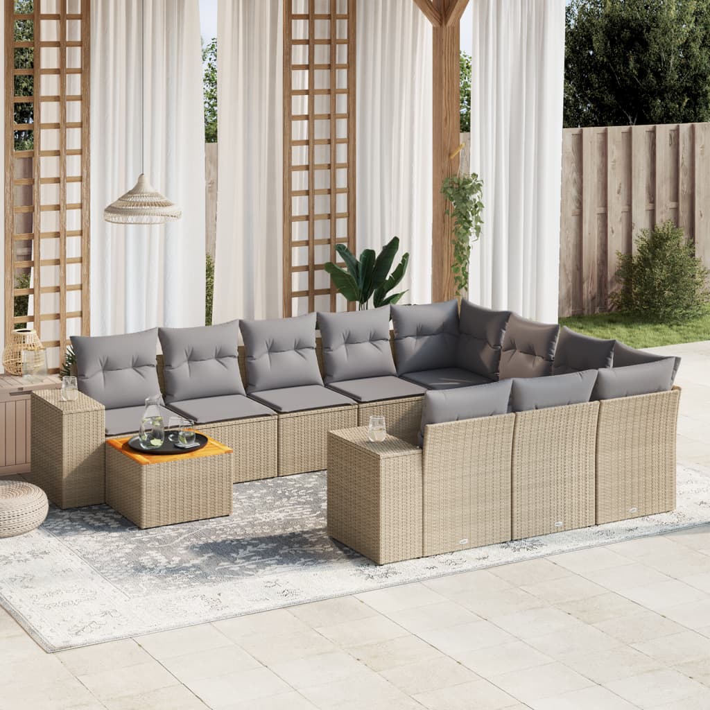 11 Piece Garden Sofa Set with Cushions Beige Poly Rattan