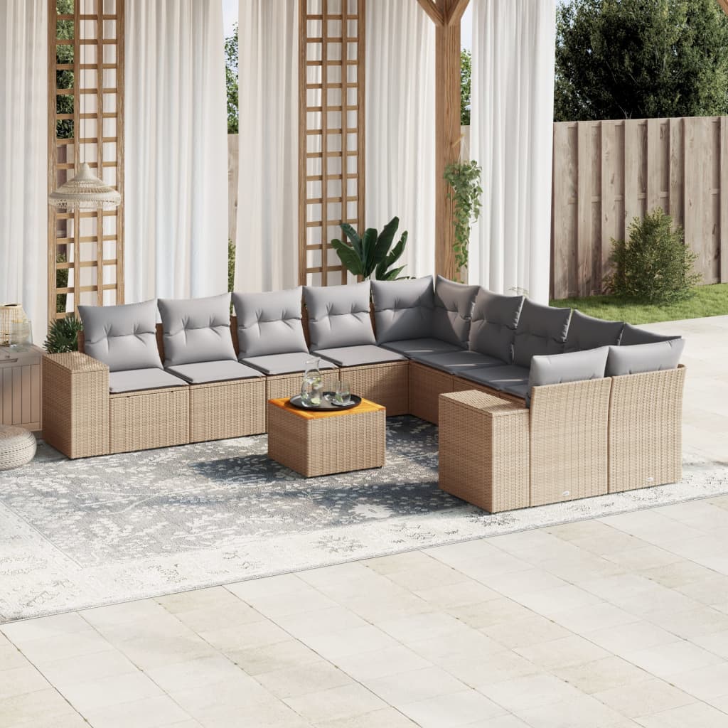 11 Piece Garden Sofa Set with Cushions Beige Poly Rattan