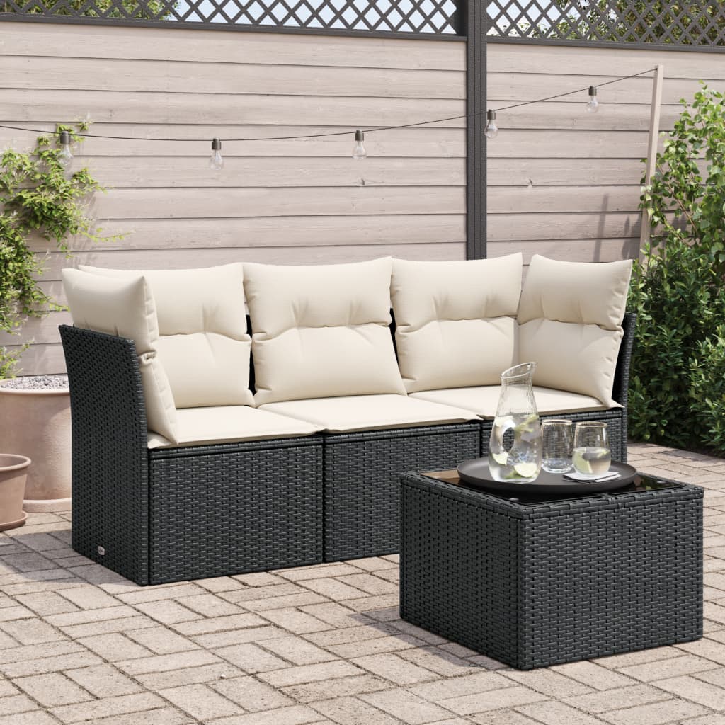 4 Piece Garden Sofa Set with Cushions Black Poly Rattan