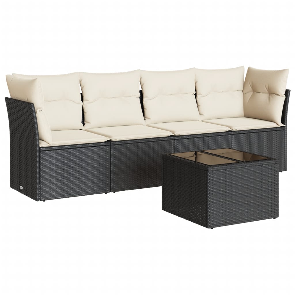 5 Piece Garden Sofa Set with Cushions Black Poly Rattan