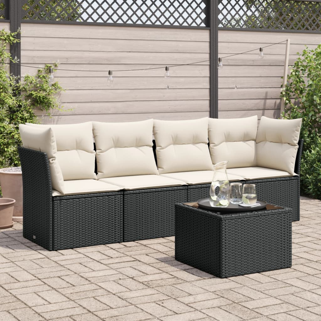 5 Piece Garden Sofa Set with Cushions Black Poly Rattan