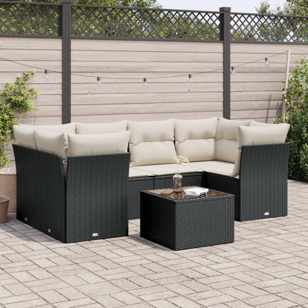 7 Piece Garden Sofa Set with Cushions Black Poly Rattan