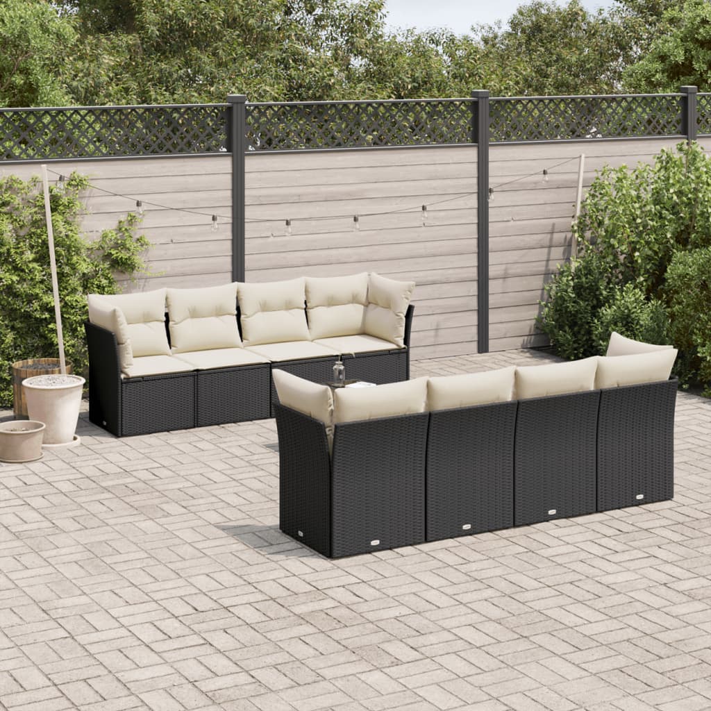 9 Piece Garden Sofa Set with Cushions Black Poly Rattan