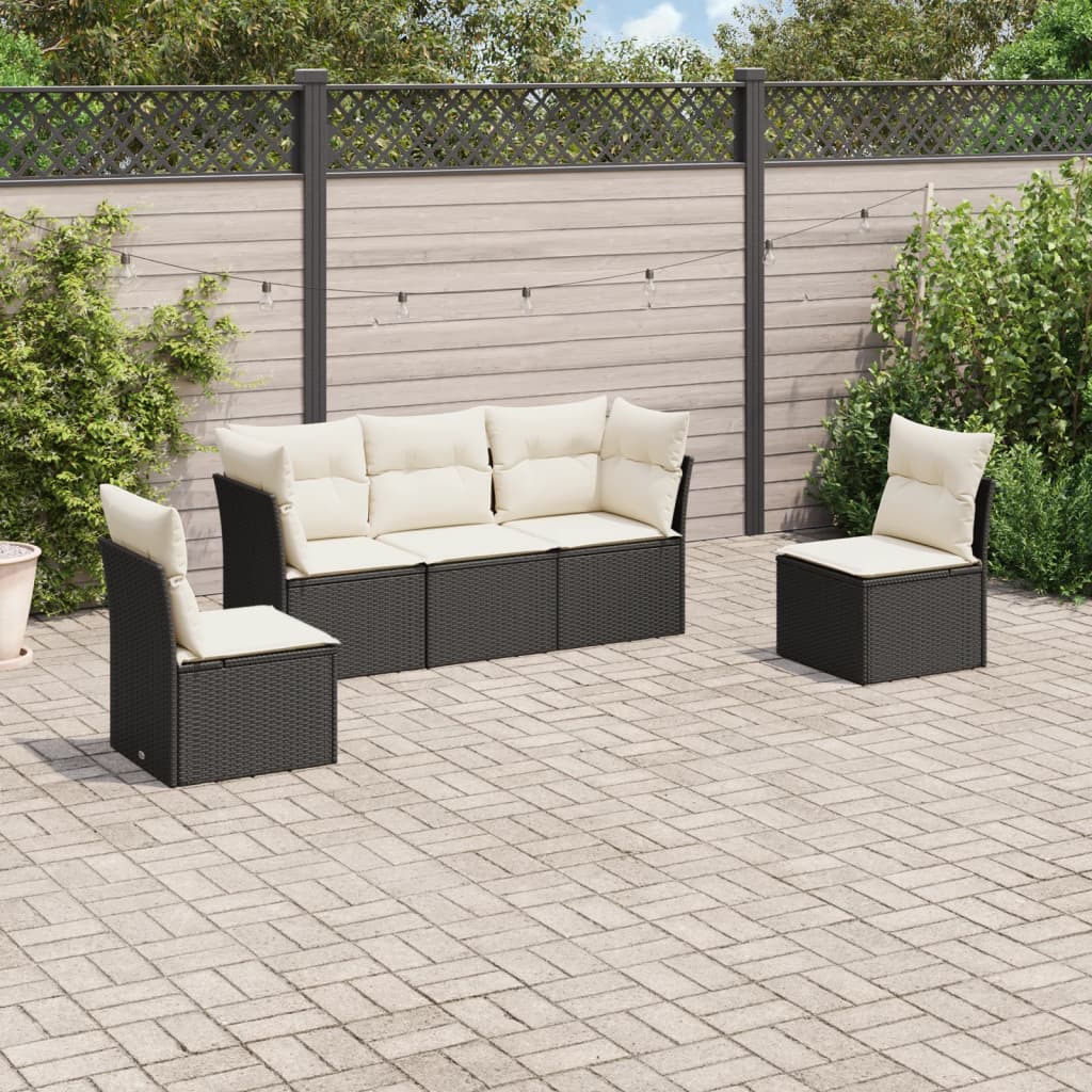 5 Piece Garden Sofa Set with Cushions Black Poly Rattan