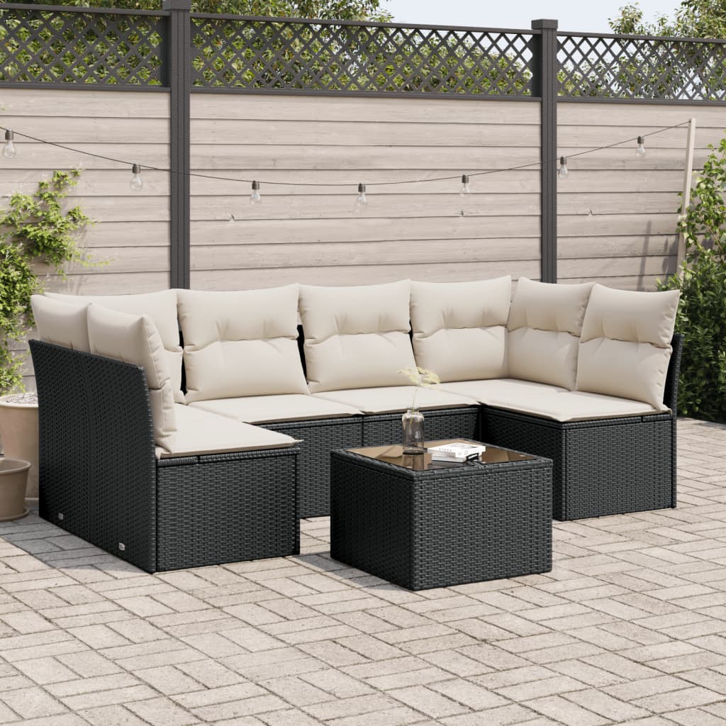 7 Piece Garden Sofa Set with Cushions Black Poly Rattan