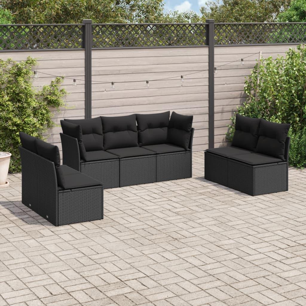 7 Piece Garden Sofa Set with Cushions Black Poly Rattan