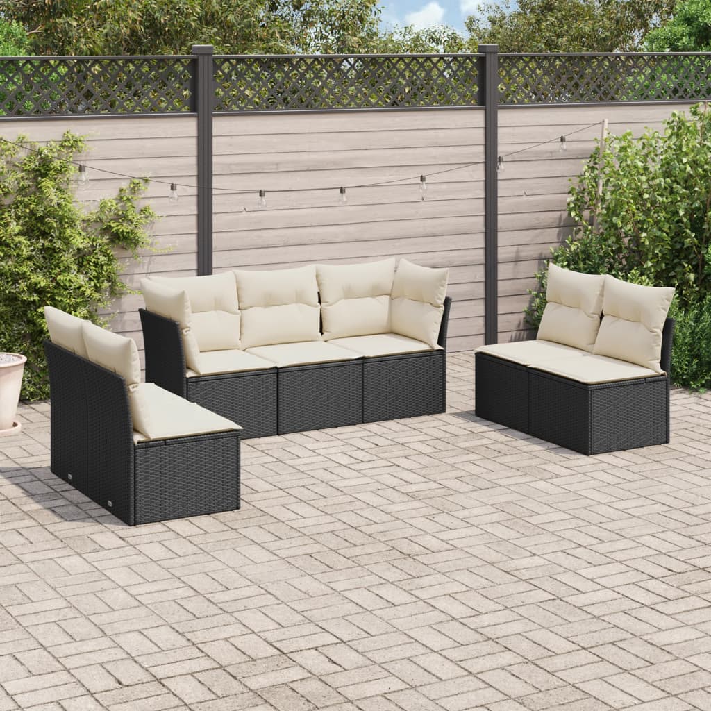 7 Piece Garden Sofa Set with Cushions Black Poly Rattan