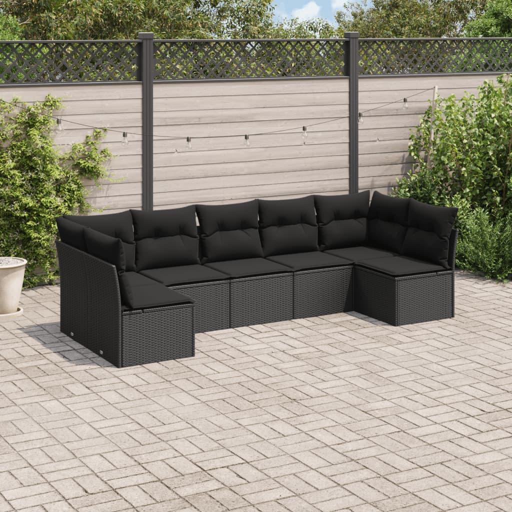 7 Piece Garden Sofa Set with Cushions Black Poly Rattan