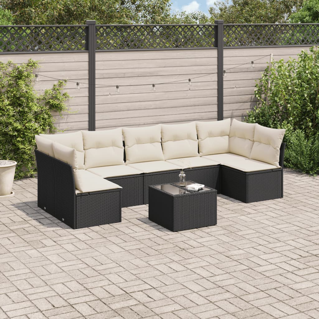 8 Piece Garden Sofa Set with Cushions Black Poly Rattan