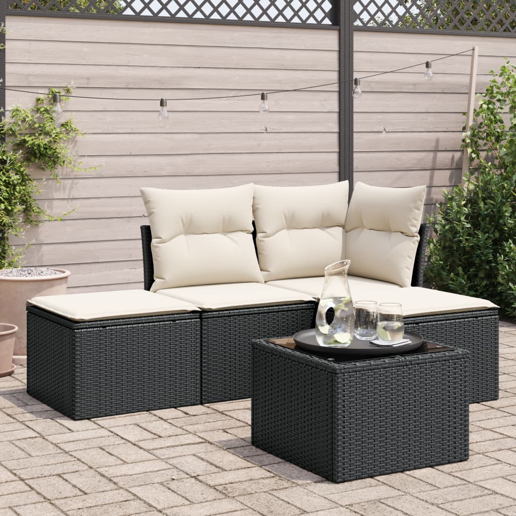 5 Piece Garden Sofa Set with Cushions Black Poly Rattan