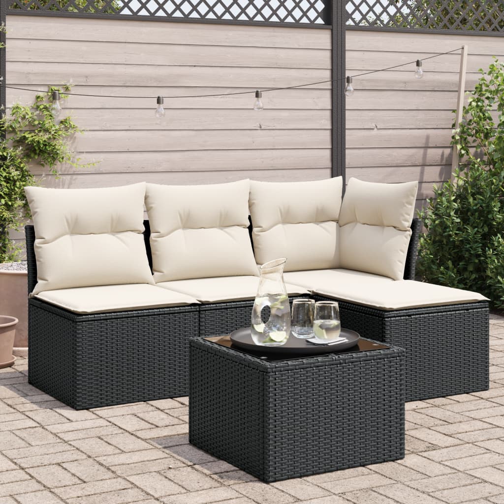 5 Piece Garden Sofa Set with Cushions Black Poly Rattan