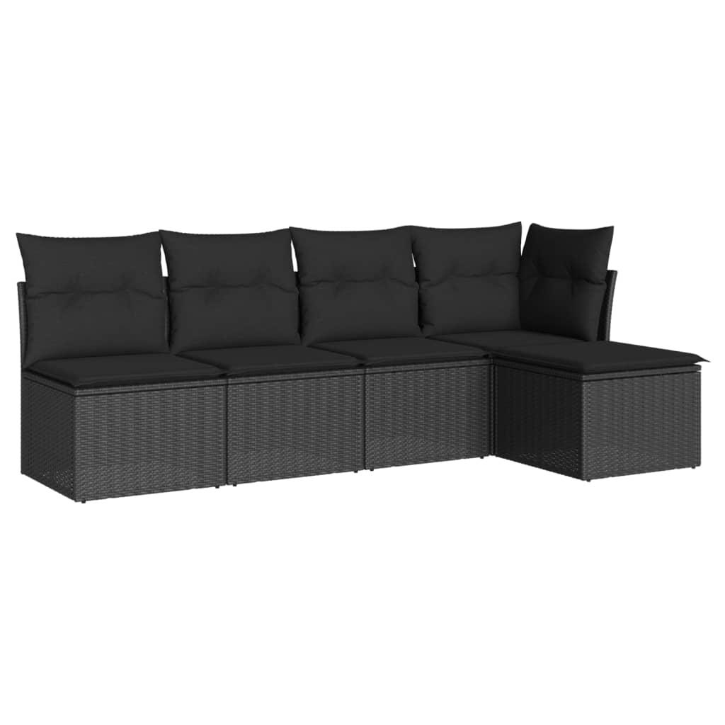 5 Piece Garden Sofa Set with Cushions Black Poly Rattan