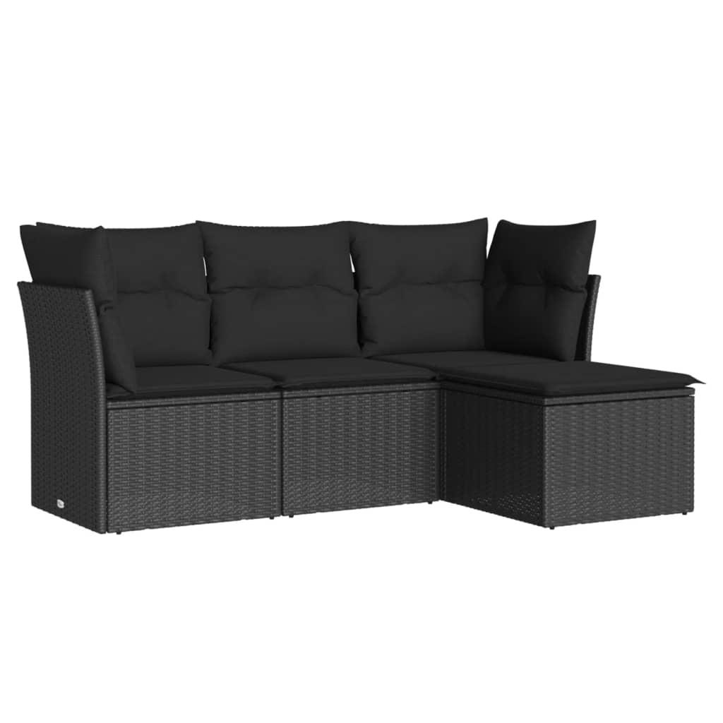 4 Piece Garden Sofa Set with Cushions Black Poly Rattan