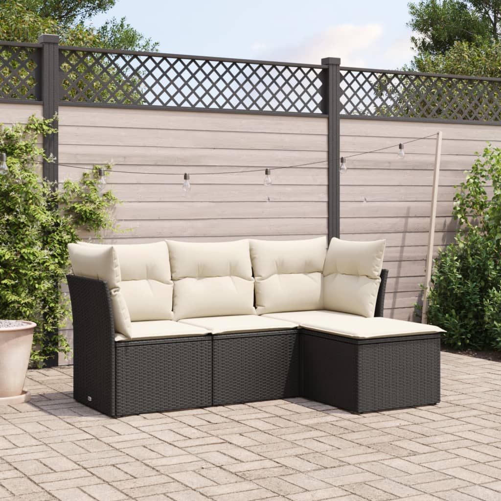 4 Piece Garden Sofa Set with Cushions Black Poly Rattan