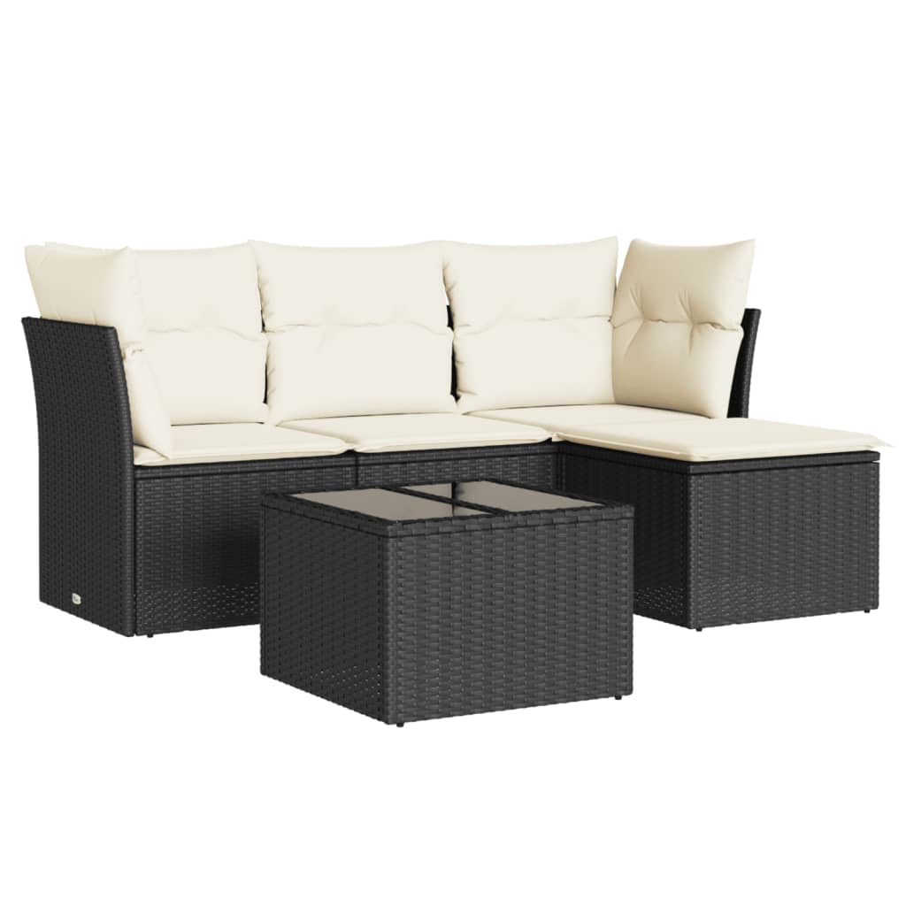 5 Piece Garden Sofa Set with Cushions Black Poly Rattan