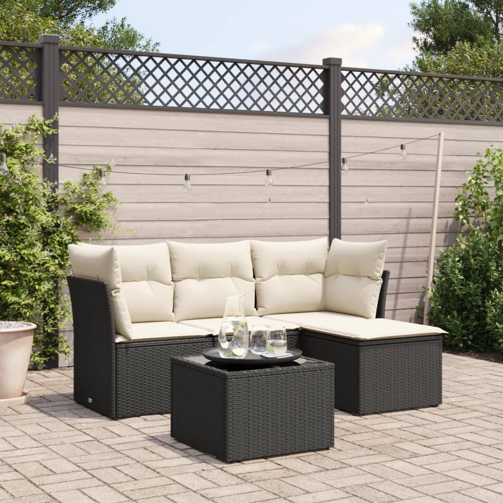 5 Piece Garden Sofa Set with Cushions Black Poly Rattan