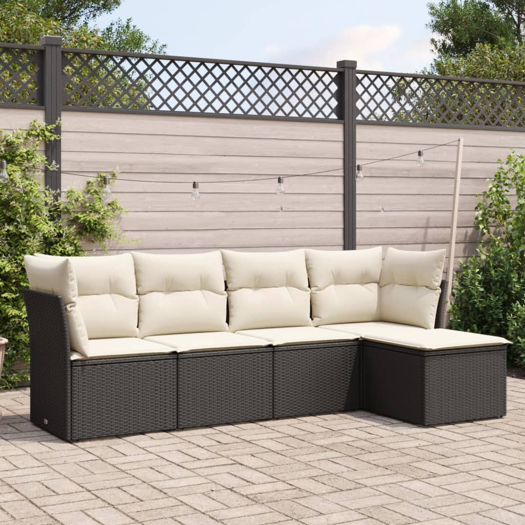 5 Piece Garden Sofa Set with Cushions Black Poly Rattan