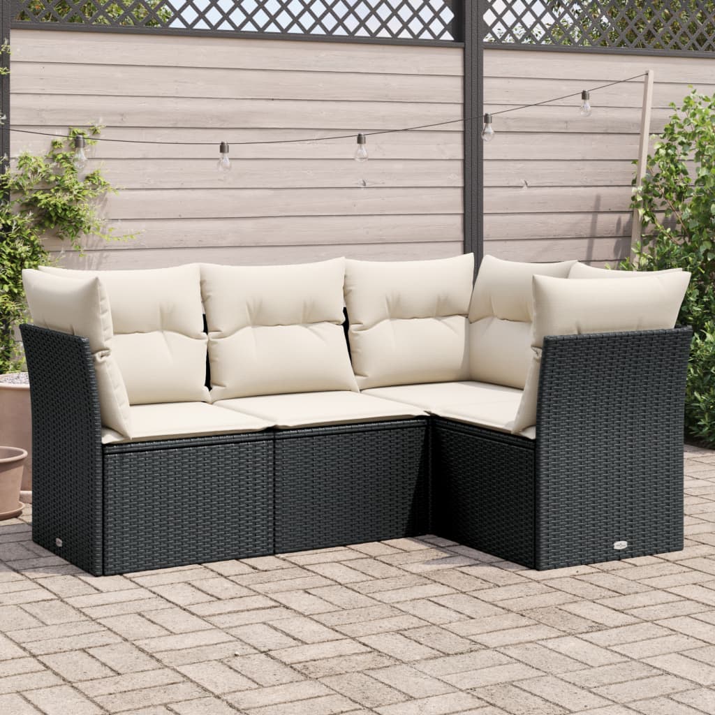 4 Piece Garden Sofa Set with Cushions Black Poly Rattan