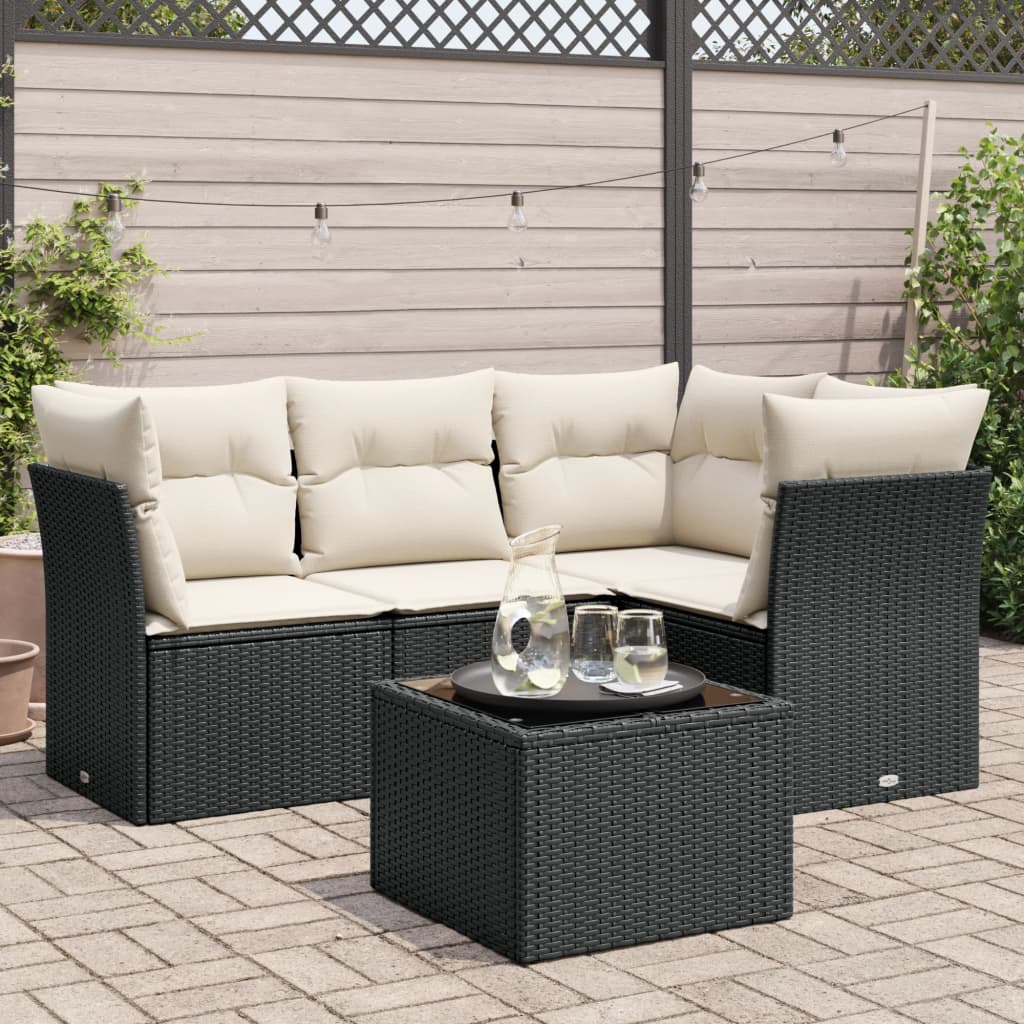 5 Piece Garden Sofa Set with Cushions Black Poly Rattan