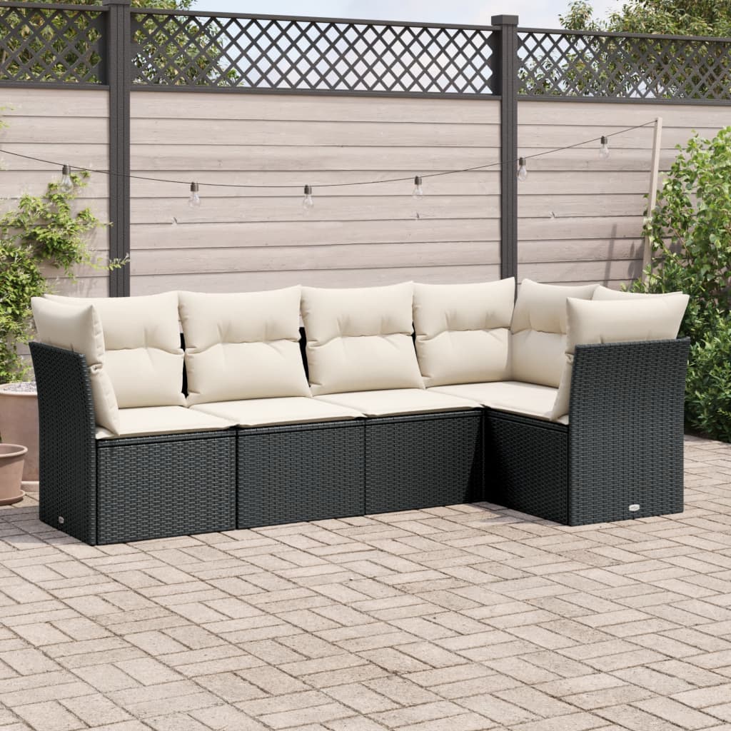 5 Piece Garden Sofa Set with Cushions Black Poly Rattan