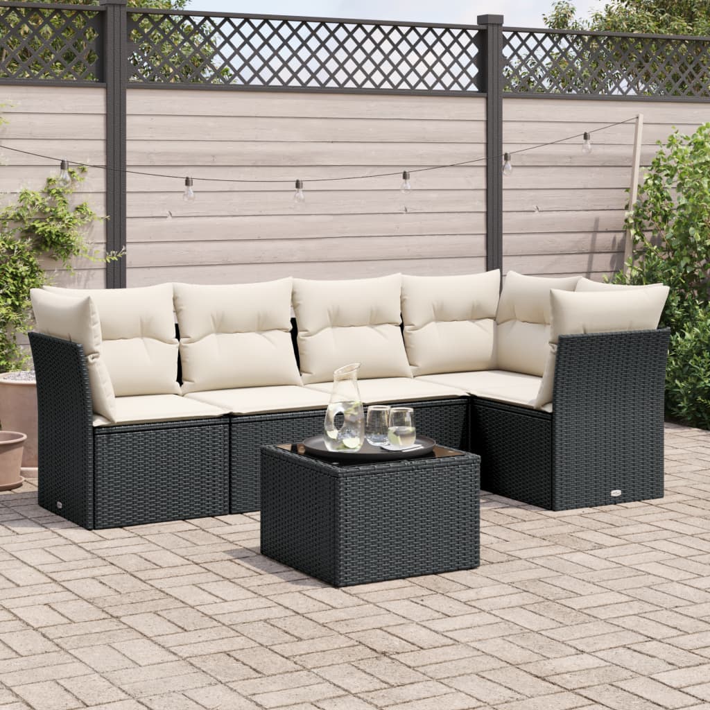 6 Piece Garden Sofa Set with Cushions Black Poly Rattan