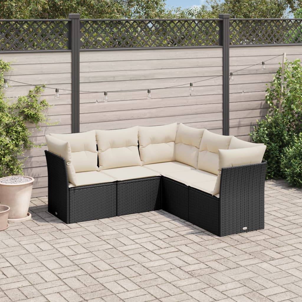 5 Piece Garden Sofa Set with Cushions Black Poly Rattan