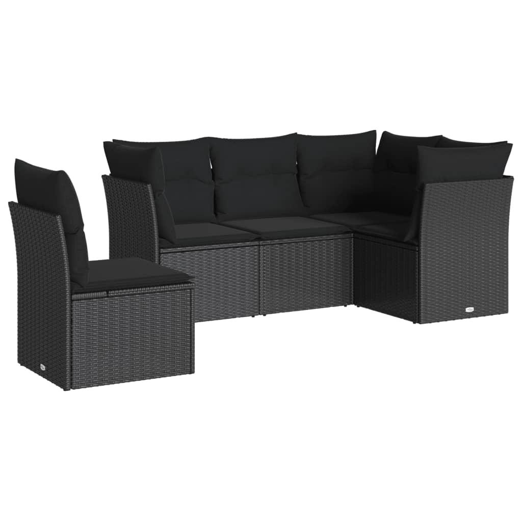 5 Piece Garden Sofa Set with Cushions Black Poly Rattan