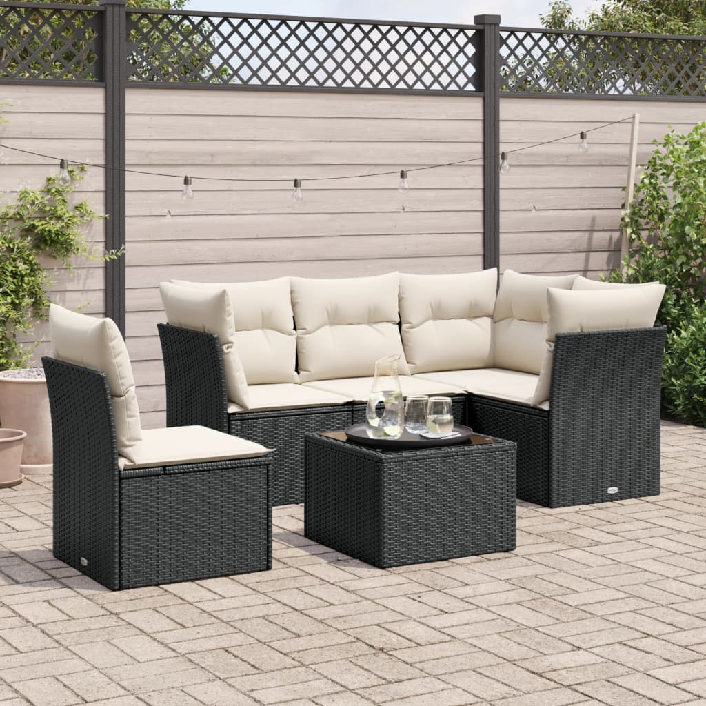 6 Piece Garden Sofa Set with Cushions Black Poly Rattan