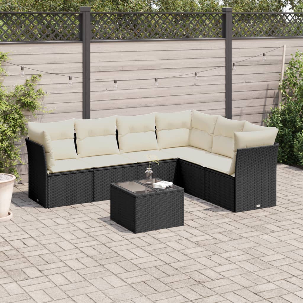 7 Piece Garden Sofa Set with Cushions Black Poly Rattan