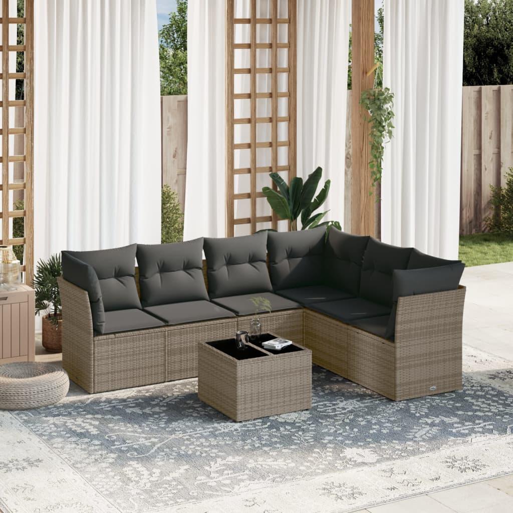 7 Piece Garden Sofa Set with Cushions Grey Poly Rattan