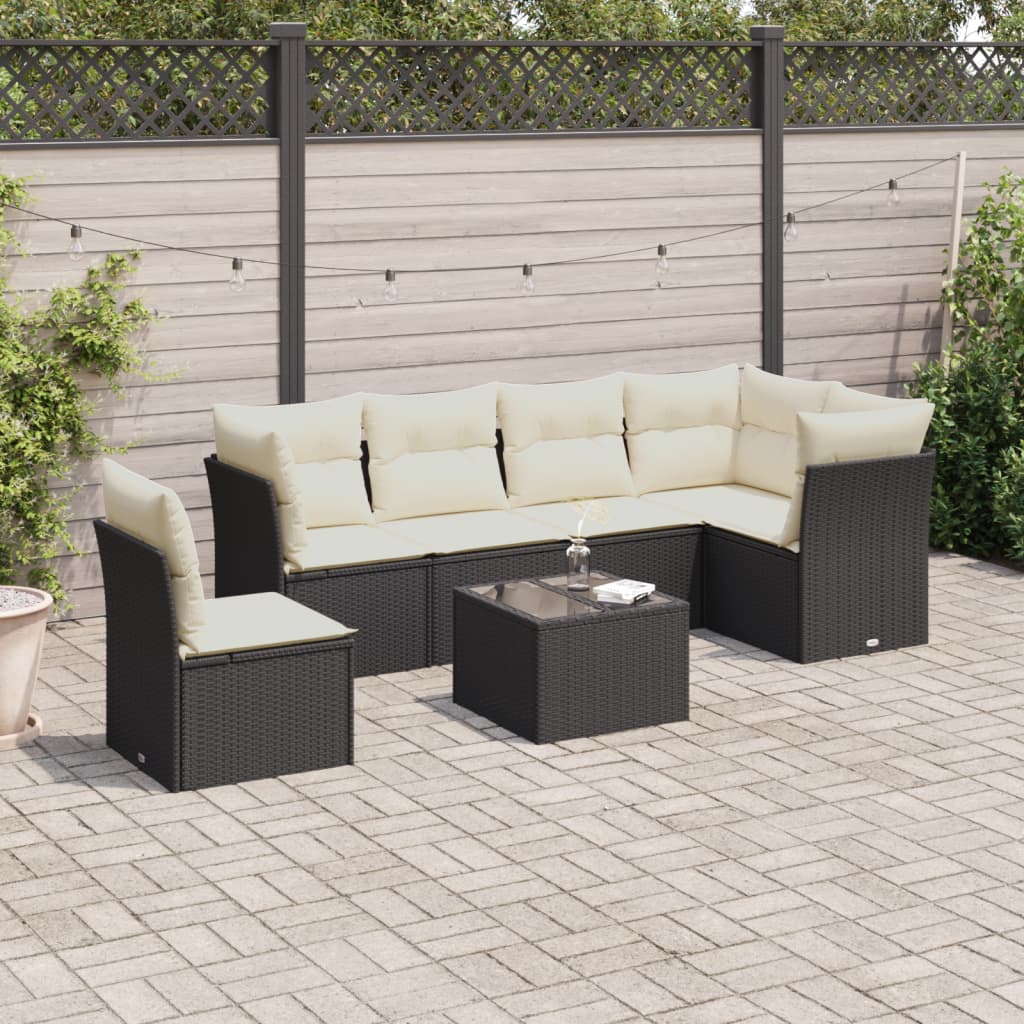 7 Piece Garden Sofa Set with Cushions Black Poly Rattan