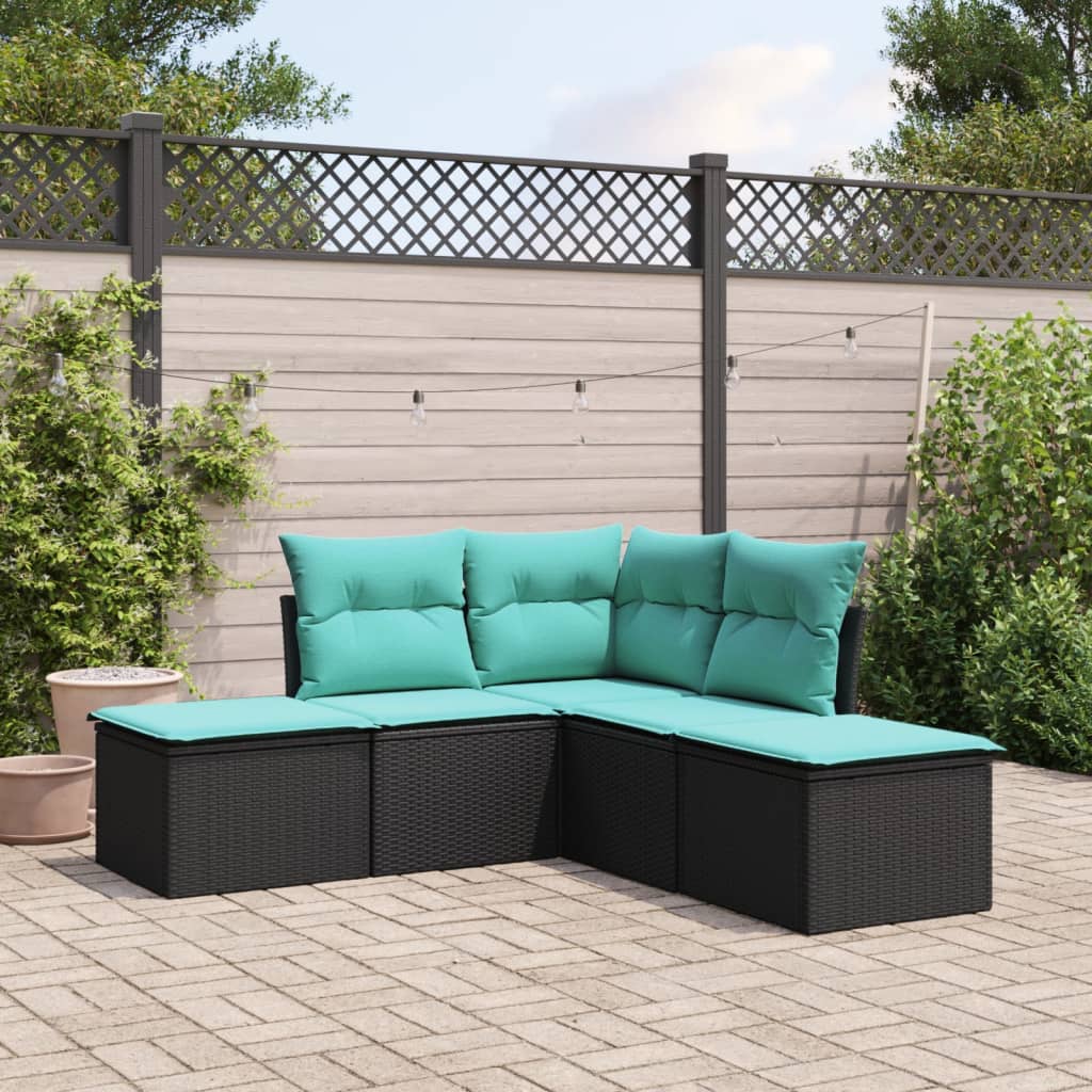 5 Piece Garden Sofa Set with Cushions Black Poly Rattan