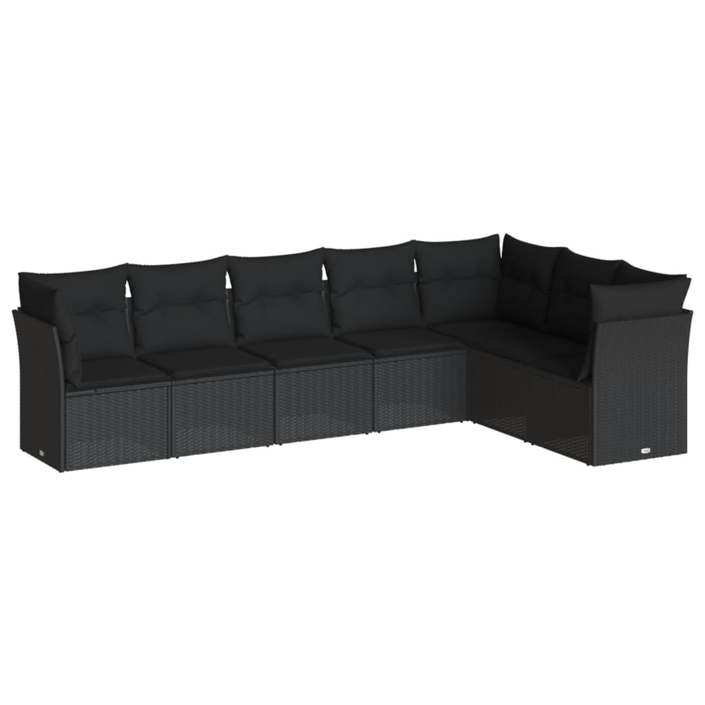 7 Piece Garden Sofa Set with Cushions Black Poly Rattan