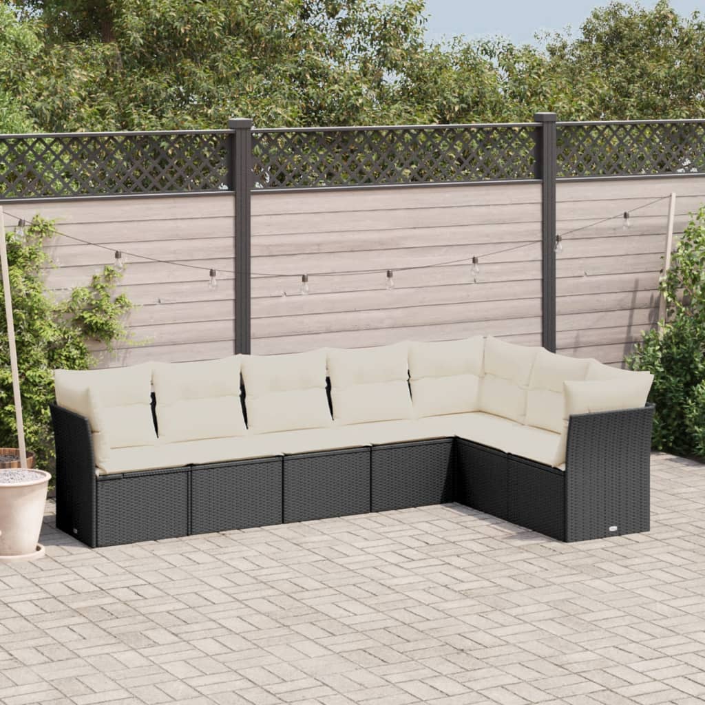 7 Piece Garden Sofa Set with Cushions Black Poly Rattan