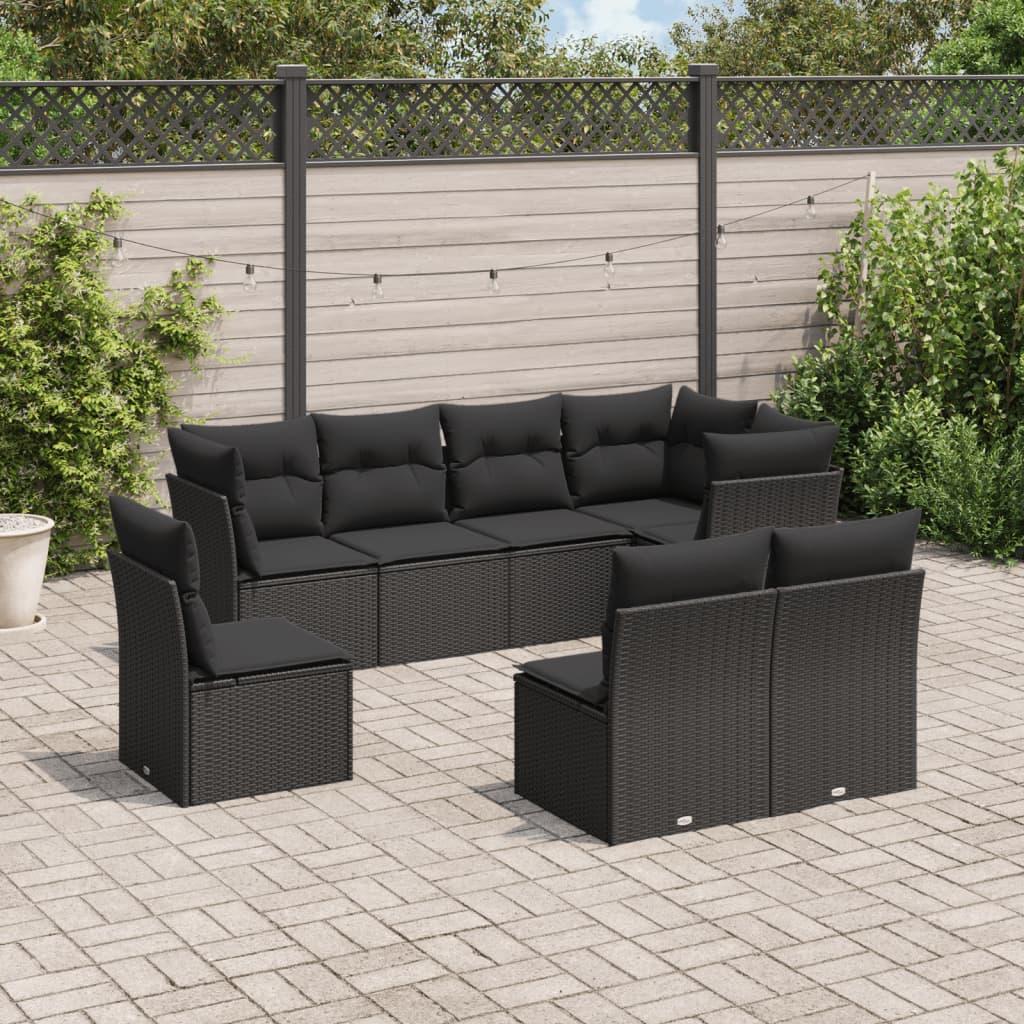 8 Piece Garden Sofa Set with Cushions Black Poly Rattan