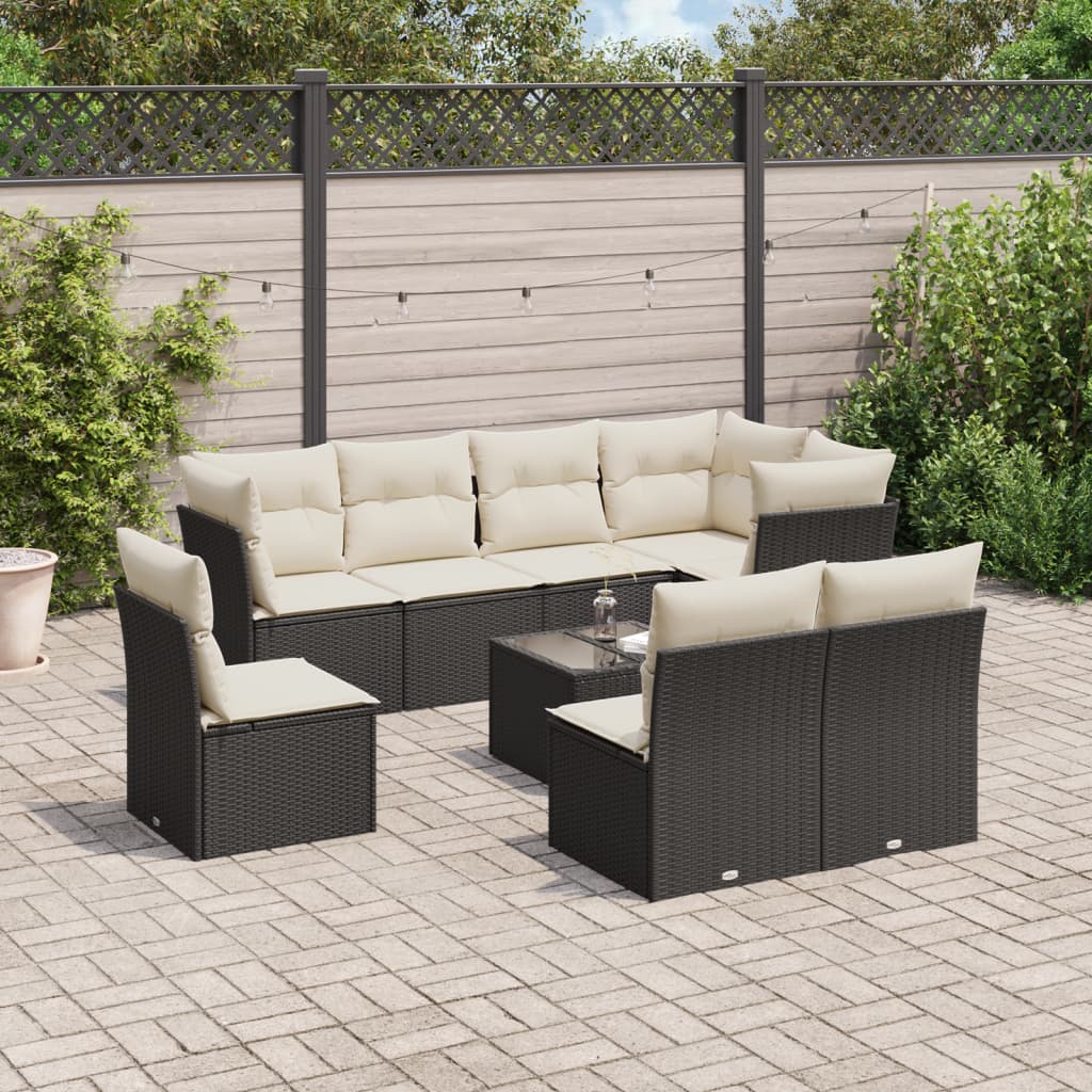 9 Piece Garden Sofa Set with Cushions Black Poly Rattan