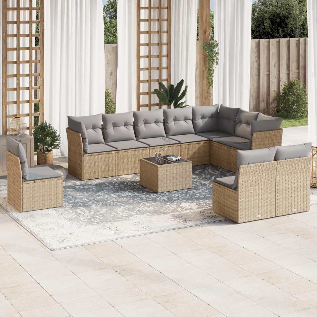 11 Piece Garden Sofa Set with Cushions Beige Poly Rattan